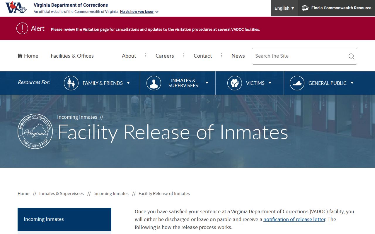 Virginia DOC facility release process for a Rappahannock County state prisoner