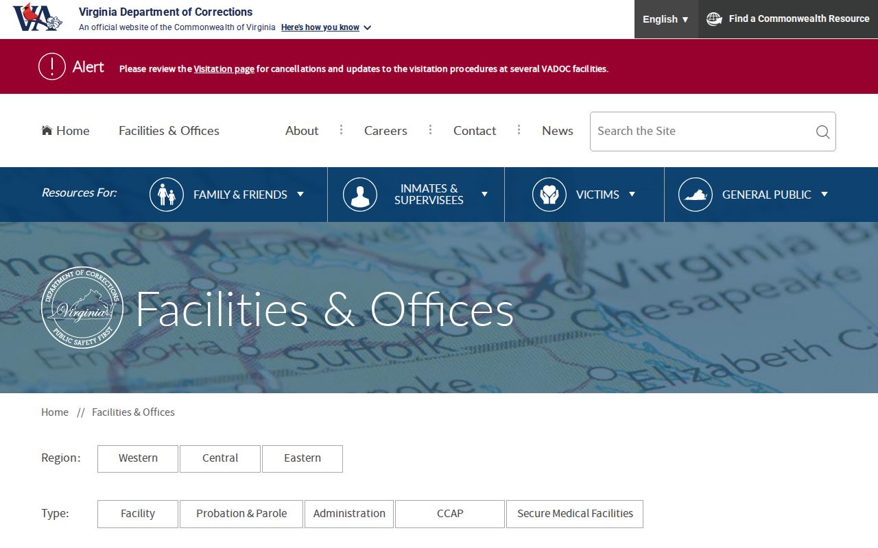 Virginia Department of Corrections facilities and offices directory used to identify District 25