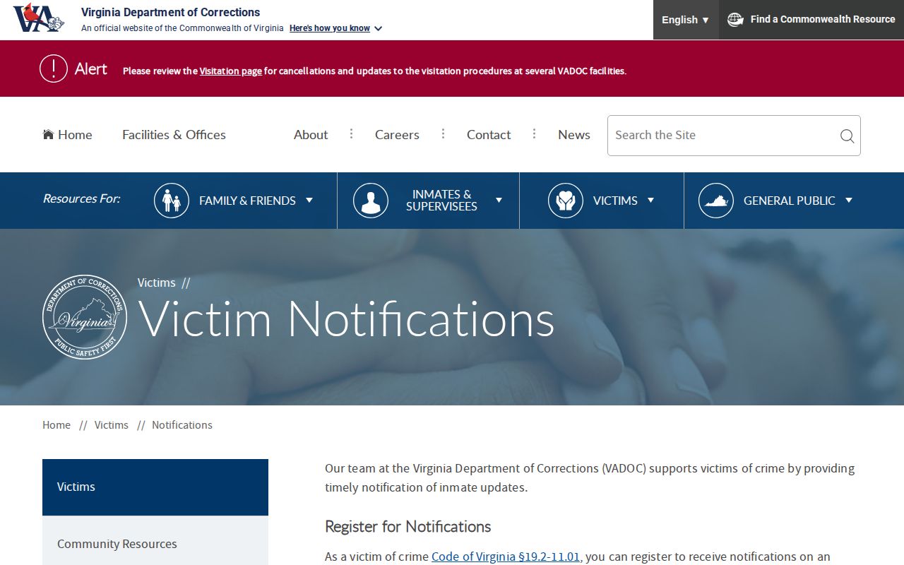 VADOC victim services page explaining post-release and custody notifications