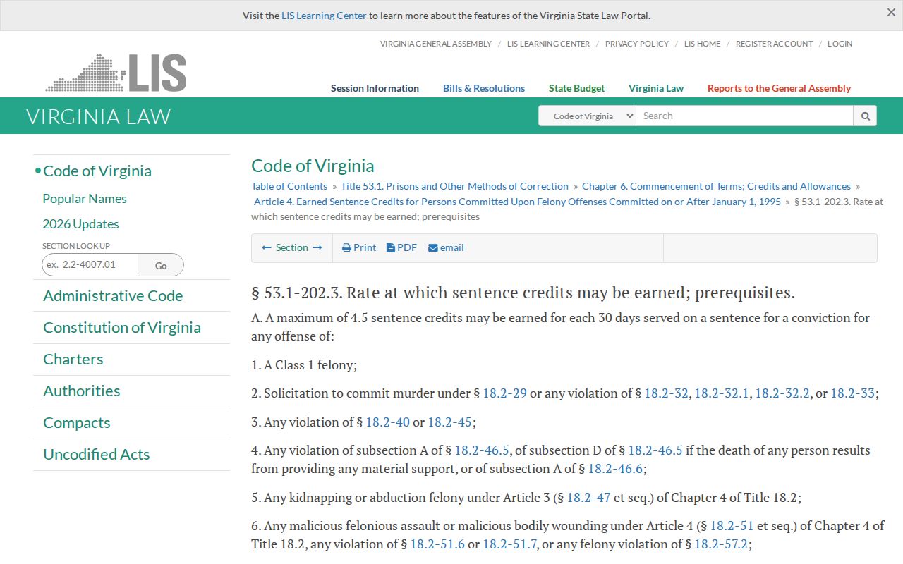 Virginia Code earned sentence credit rates used in projected release calculations