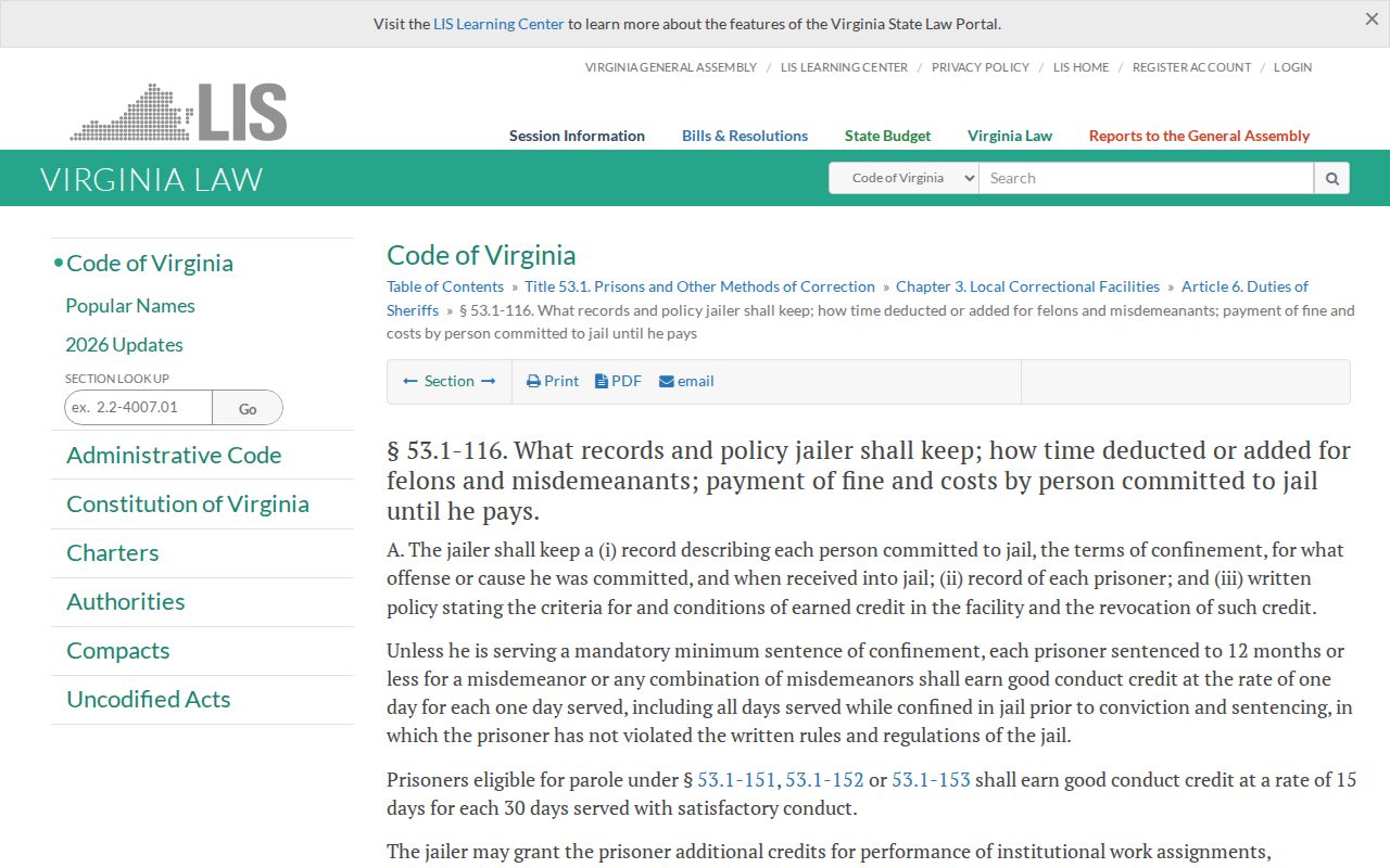 Virginia Code local jail sentence credit rules relevant to RSW Regional Jail