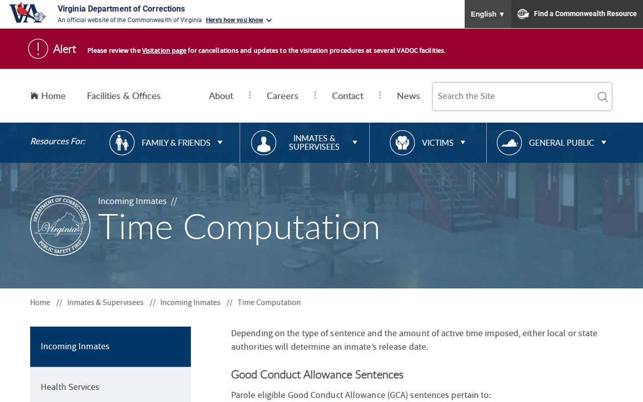 Virginia Department of Corrections time computation page for projected release dates