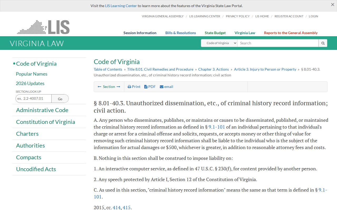 Virginia anti-pay-to-remove statute for published arrest and charge information